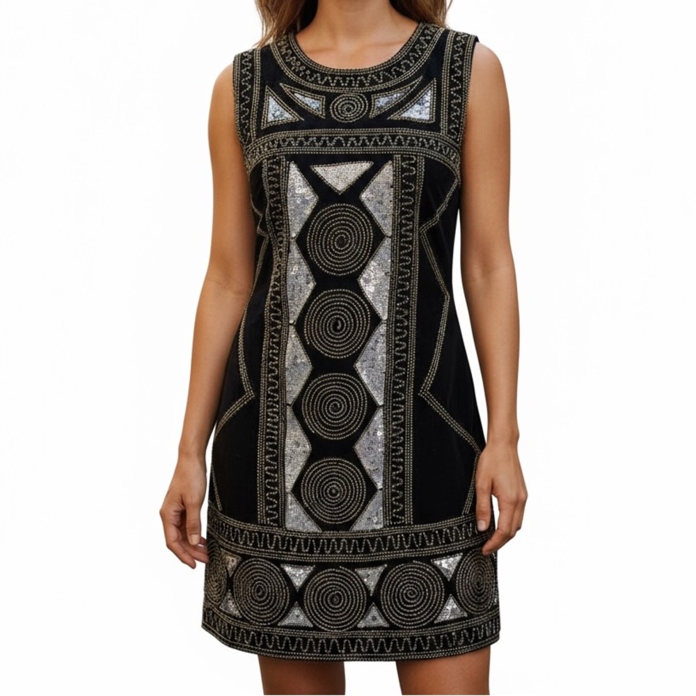 French Connection Embellished Shift Statement Dress - Geometric Art Deco print